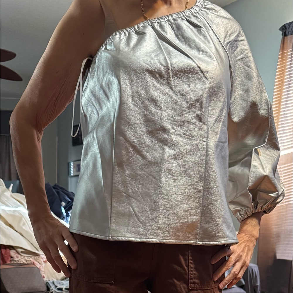 INC International Concepts Metallic Silver One-Shoulder Blouse
